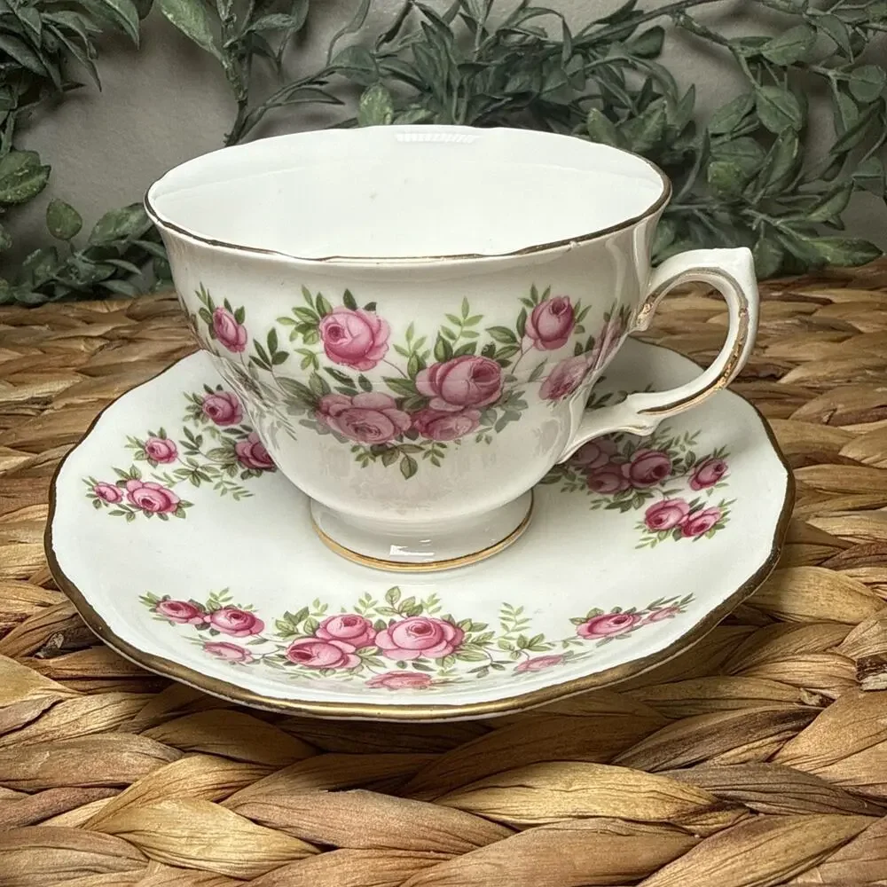 Royal Vale Bone China Teacup Saucer Pink Roses Gold England Floral Vintage